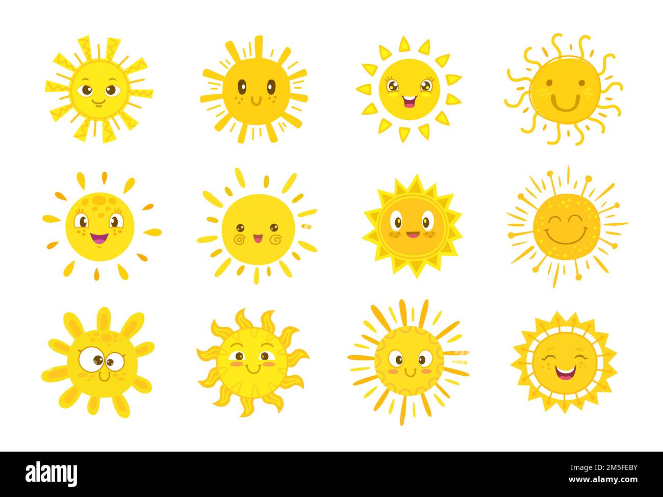 Personnages du soleil, visage heureux et bande dessinée, sourire météo, icônes vecteur soleil d'été. Personnages de soleil mignons, émotiji ensoleillé ou émoticônes amusants pour enfants avec expressions, éclat de soleil Illustration de Vecteur