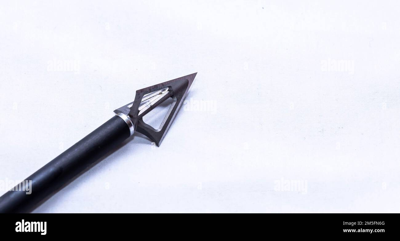 Une tête large à trois lames à l'extrémité d'une flèche en carbone sur fond blanc avec de la place pour le texte Banque D'Images