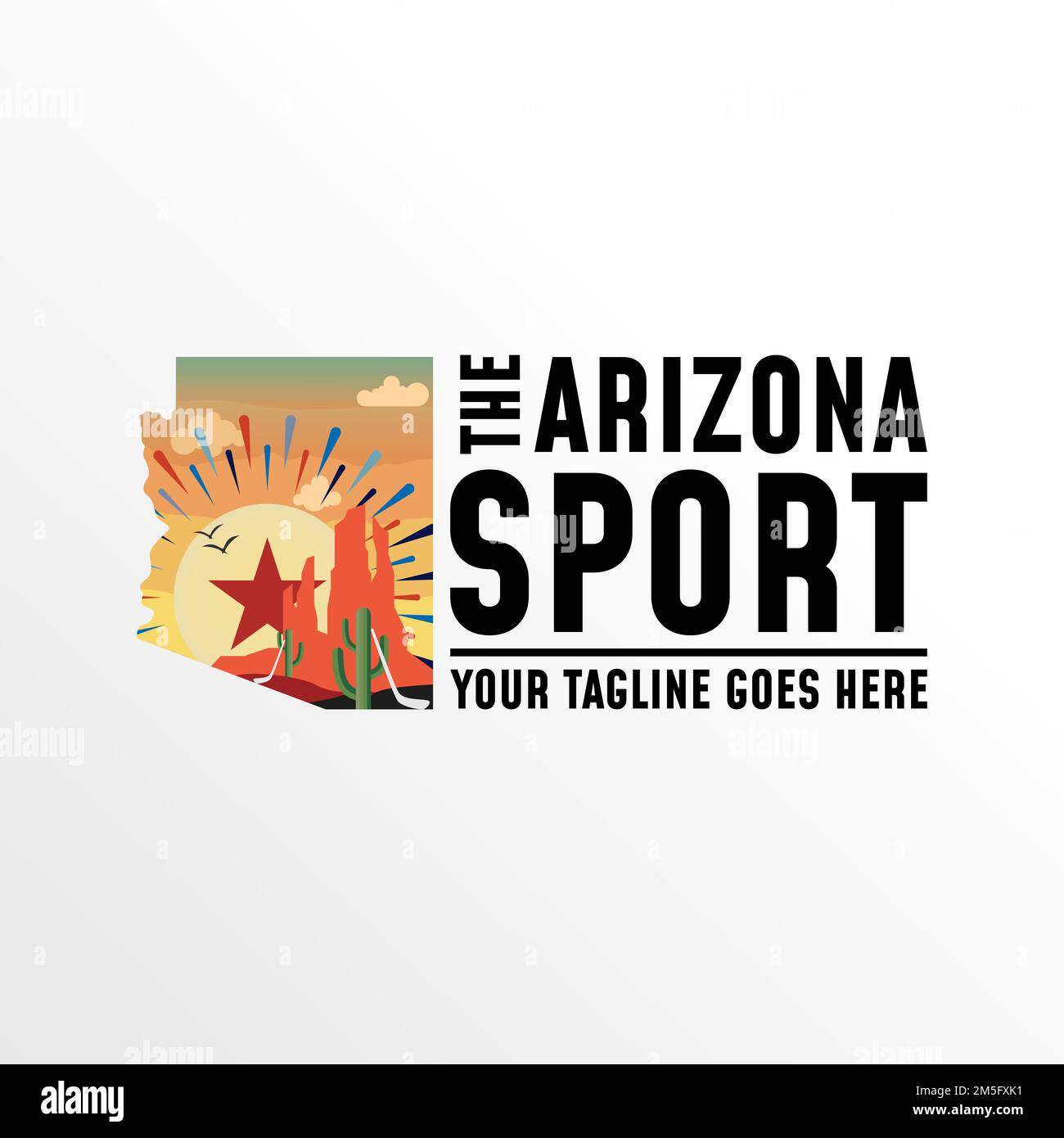 Hockey Stick , désert, cactus, soleil ou lune, Arizona cartes image graphique icône logo design abstrait concept vecteur stock. symbole lié au désert sportif Illustration de Vecteur