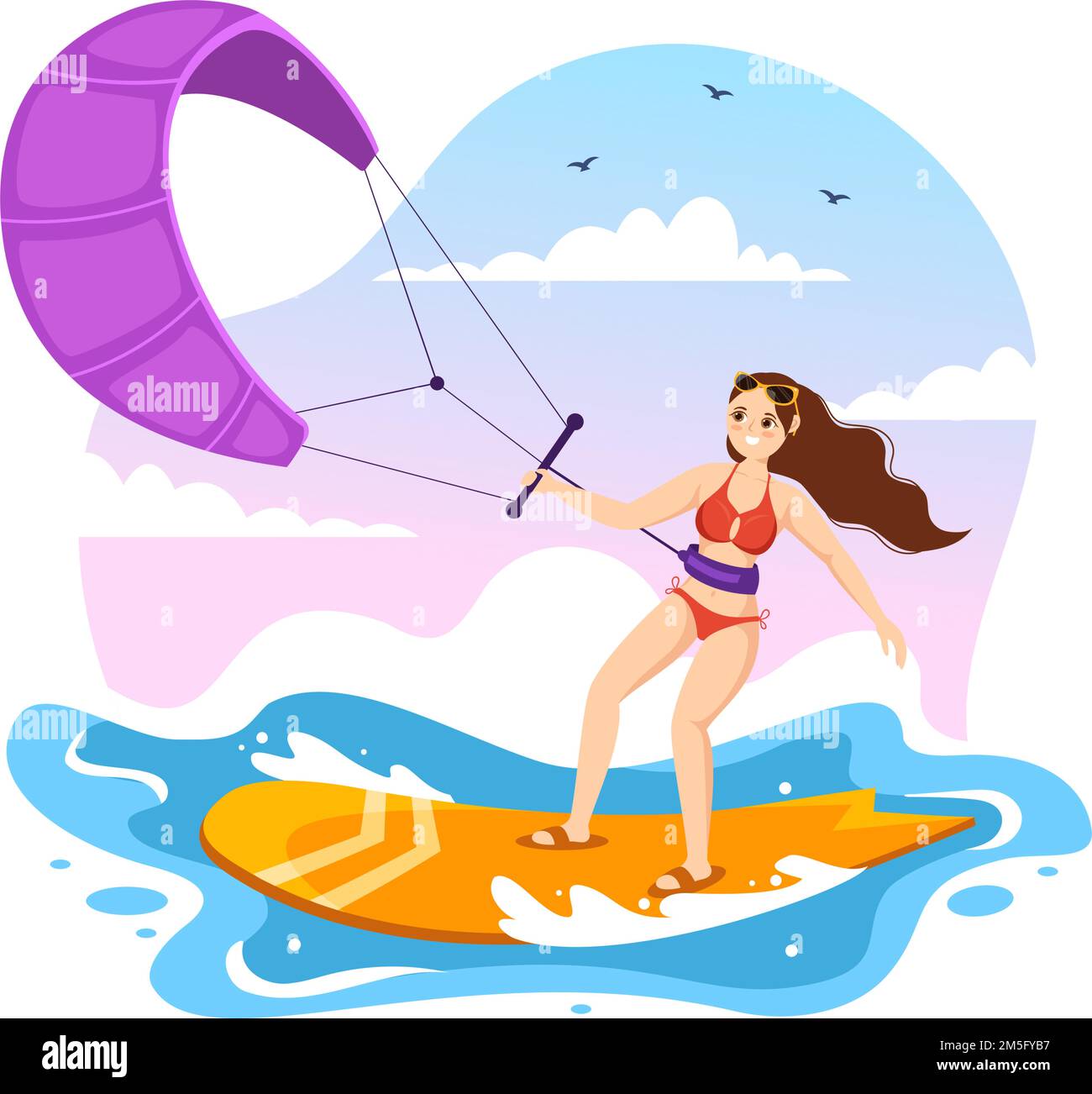 Illustration du kitesurf avec Kite Surfer debout sur le terrain de Kitboard dans la mer d'été dans les sports d'eau extrême modèle de dessin à la main de dessin à plat de dessin Illustration de Vecteur