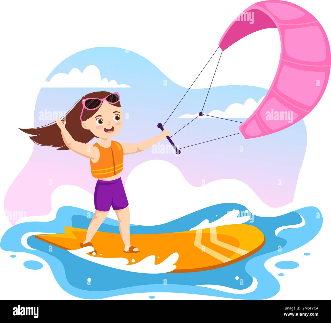 Illustration de kitesurf avec enfants Kite Surfer debout sur le plan d'été dans la mer d'été dans les sports d'eau extrême modèle de dessin à la main de dessin à plat de dessin Illustration de Vecteur