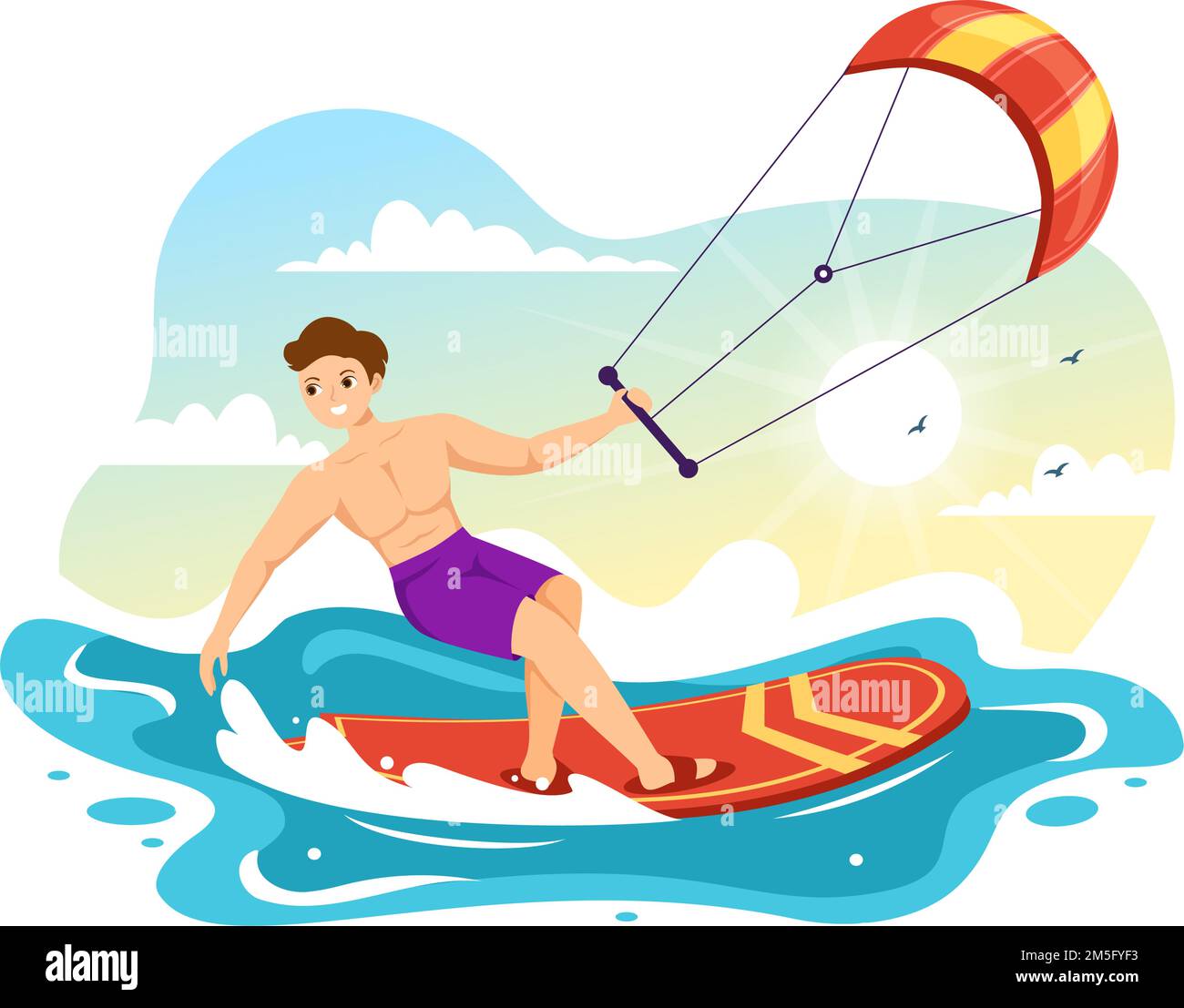 Illustration du kitesurf avec Kite Surfer debout sur le terrain de Kitboard dans la mer d'été dans les sports d'eau extrême modèle de dessin à la main de dessin à plat de dessin Illustration de Vecteur