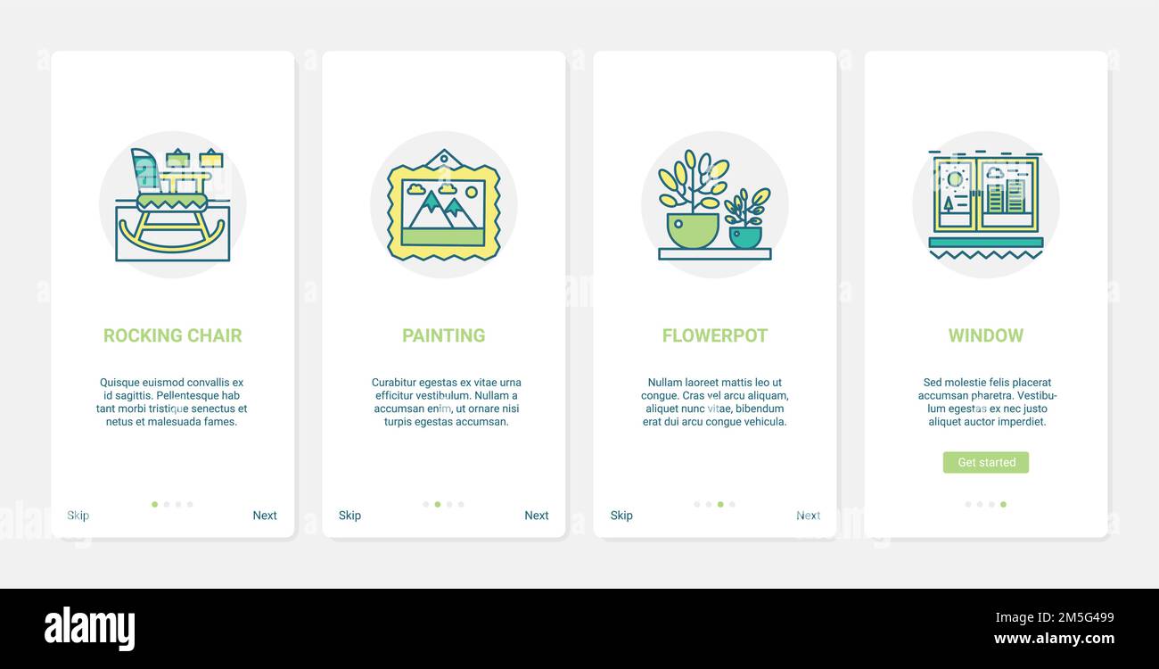 Maison décoration confortable, mobilier illustration vectorielle. UX, UI Onboarding mobile application page ensemble d'écran avec décoration d'ameublement de ligne, intérieur de salon col Illustration de Vecteur