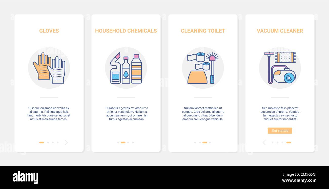 Équipement ménager pour le nettoyage de la salle de bains toilettes à la maison illustration vectorielle. UX, écran de page d'application mobile d'intégration d'interface utilisateur défini avec Line housekeepin Illustration de Vecteur