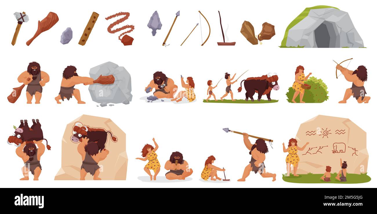 Jeu d'illustrations vectorielles de chasse de personnes primitives. Dessin animé primeval sauvage caveman chassant le personnage avec bâton club Bow lance, femme cuisine nourriture, appréhenisto Illustration de Vecteur