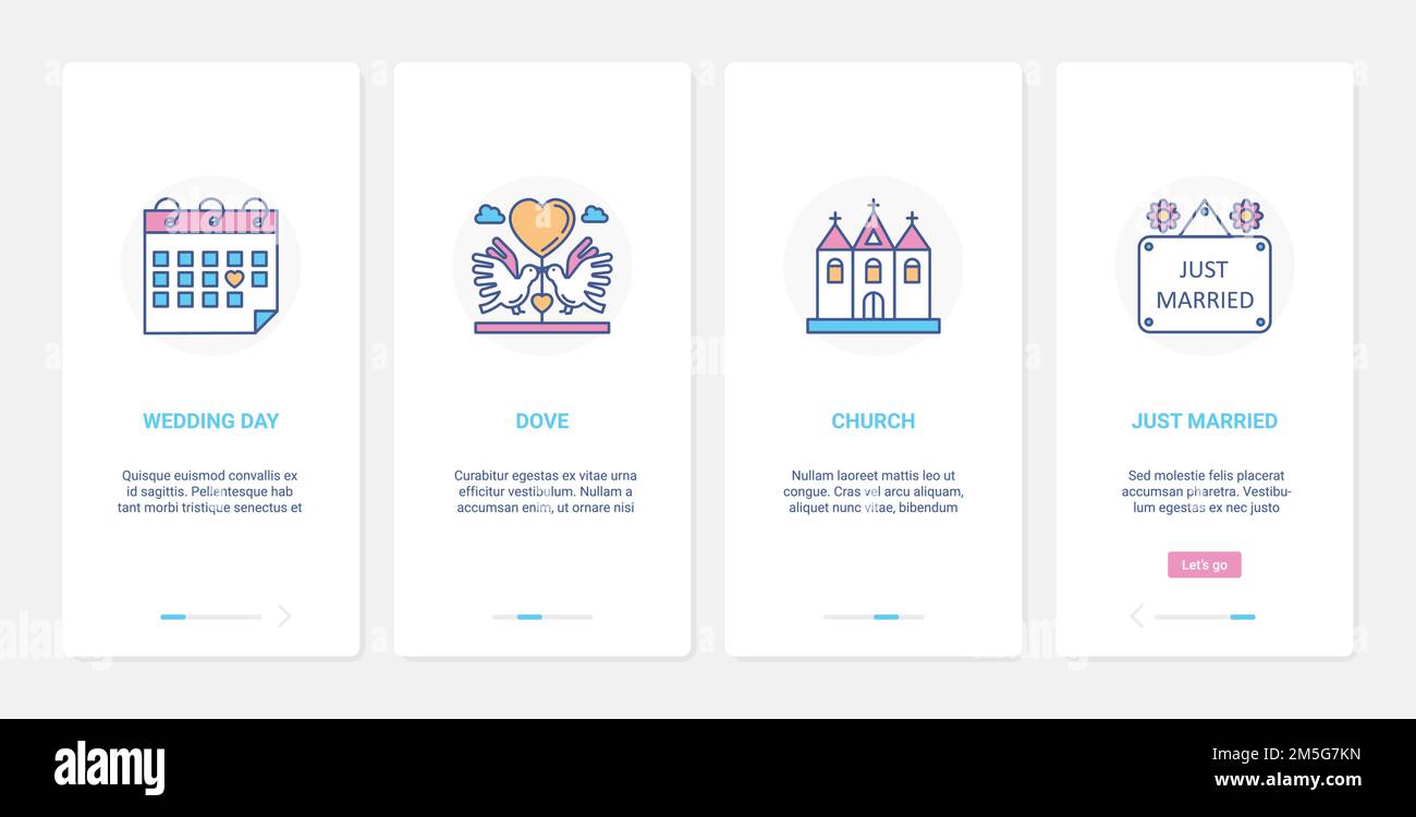 Illustration du jour du mariage, du vecteur de célébration du mariage de la mariée. UI, UX Onboarding mobile application page écran set avec ligne dove, symbole amour pour juste le mariage Illustration de Vecteur