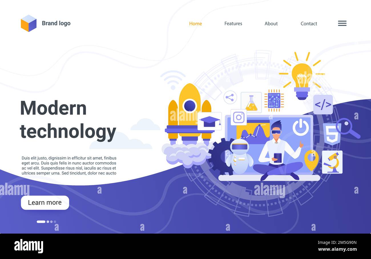 Illustration vectorielle de concept de technologie moderne.Personnage homme de dessin animé assis avec un appareil mobile et des symboles innovants de la science de la technologie, robot, fusée lau Illustration de Vecteur