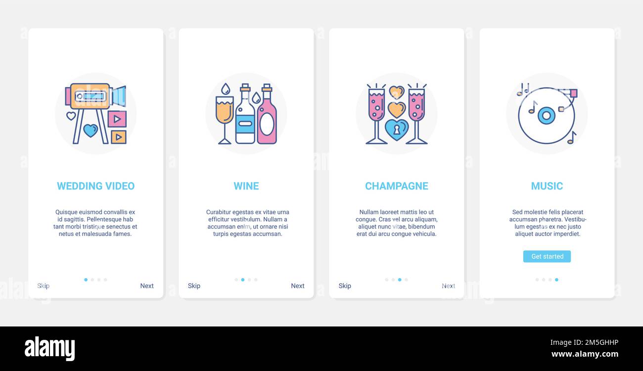 Illustration de la fête de mariage et du vecteur de banquet. UI, UX Onboarding mobile application page écran set avec ligne de champagne et boisson de vin, phot vidéo Illustration de Vecteur