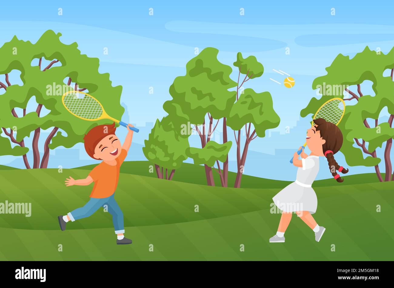 Les enfants heureux jouent au badminton dans le parc d'été illustration vectorielle de paysage.Caricaturie active des personnages de petite fille et de jeune enfant tenant des raquettes, des enfants Illustration de Vecteur
