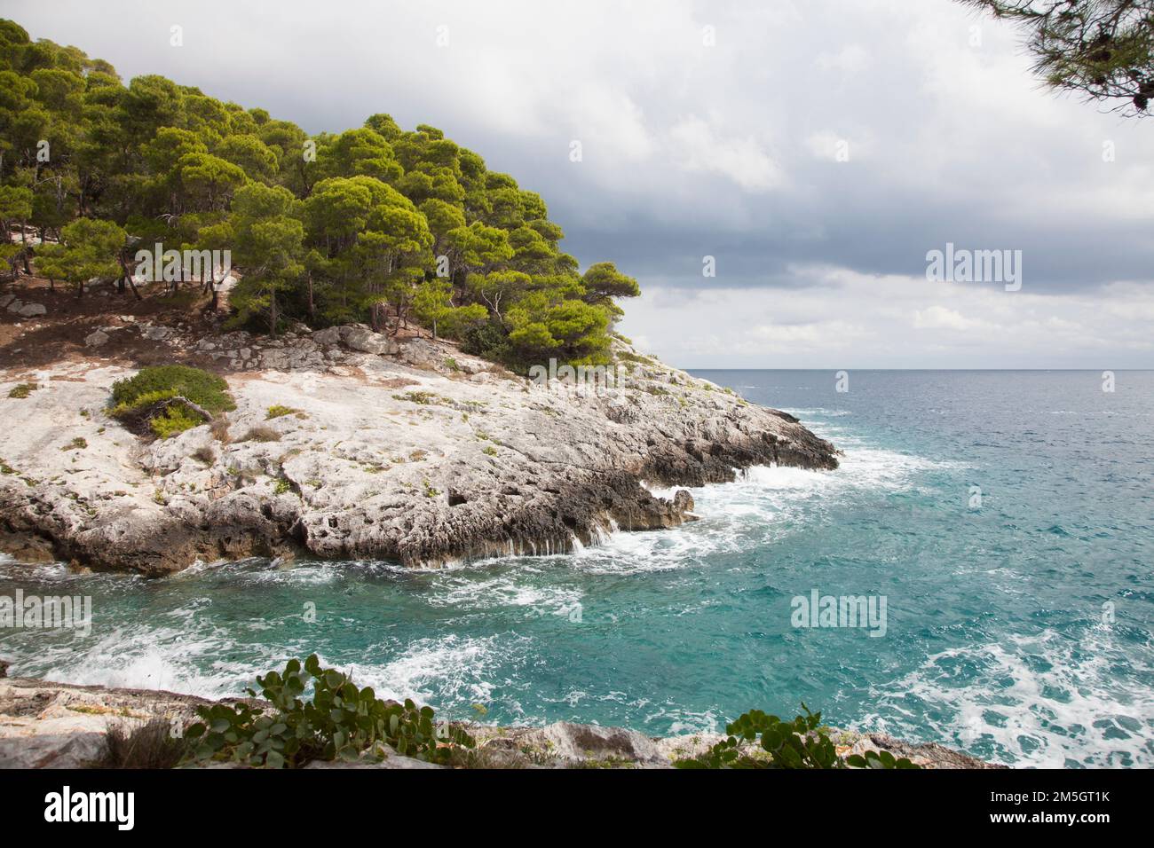 Mer calme entre les rochers en une journée nuageux. Île de San Domino, archipel Tremiti. Italie Banque D'Images