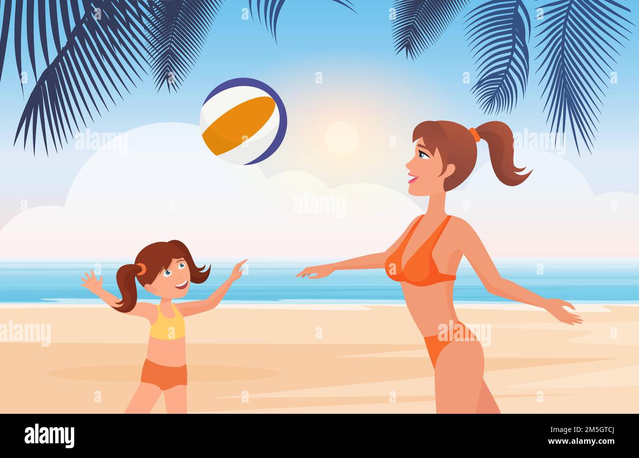 La mère et la fille jouent au ballon sur l'illustration vectorielle de paysage de plage tropicale.Caricature bonne famille jouant du ballon ensemble, fitness en extérieur, physique a Illustration de Vecteur