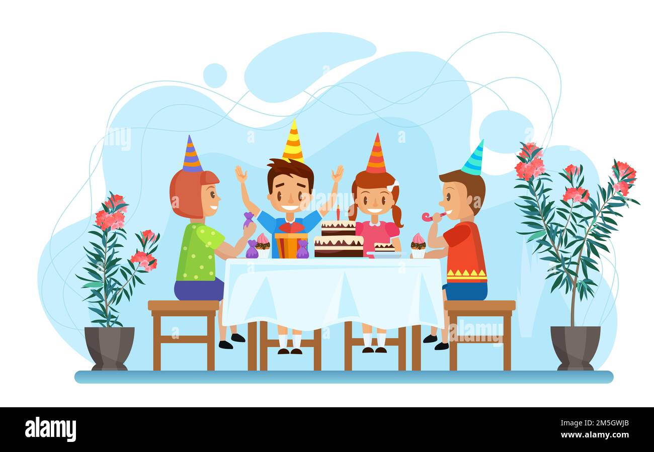 Illustration vectorielle de fête d'anniversaire pour les enfants heureux. Dessins animés garçons filles personnages assis à table de fête avec gâteau au chocolat, enfants amis o Illustration de Vecteur