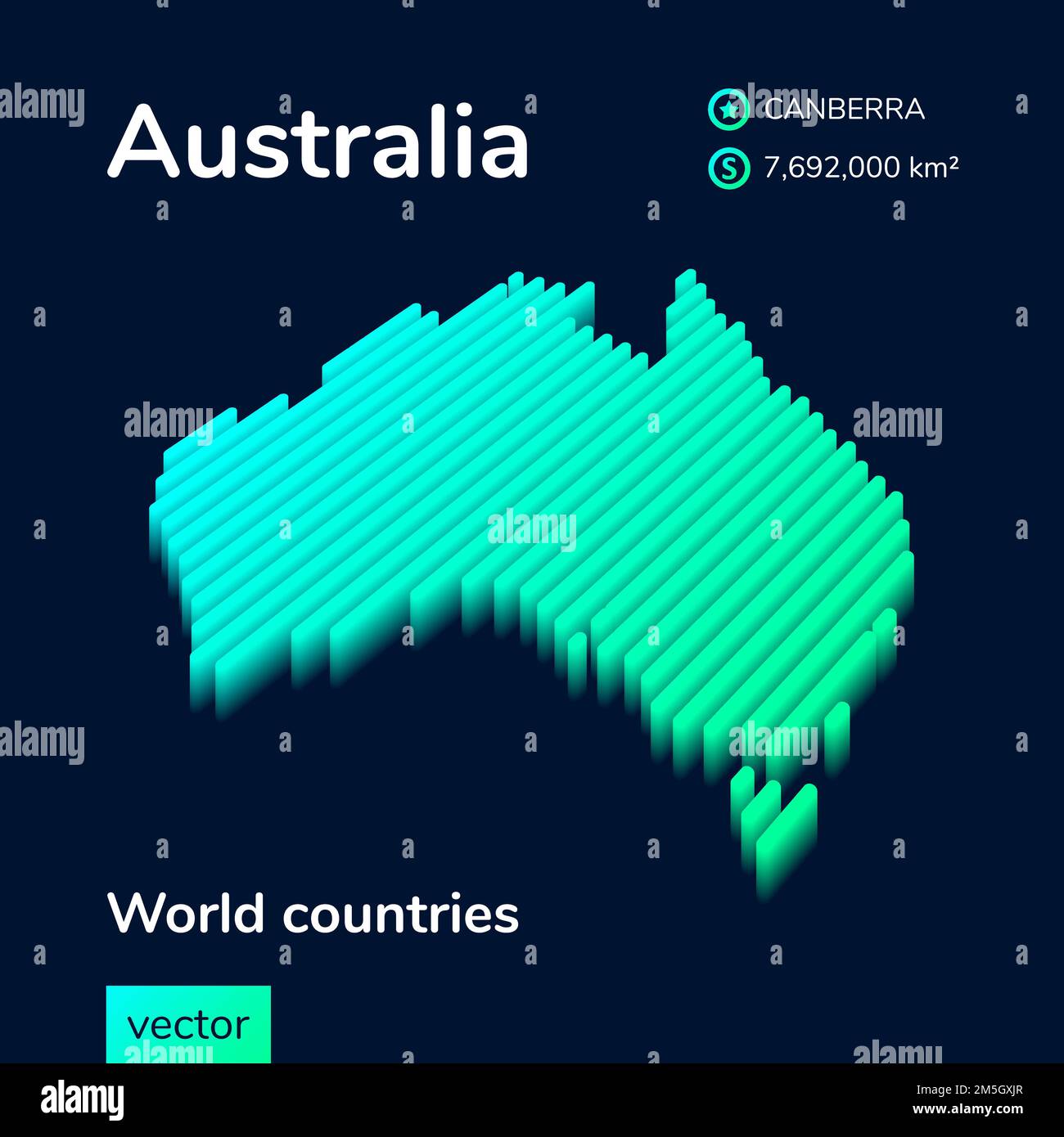 Carte de l'Australie isométrique à rayures stylisées et néon, en 3D. La carte de l'Australie est en vert et menthe sur fond bleu foncé Illustration de Vecteur