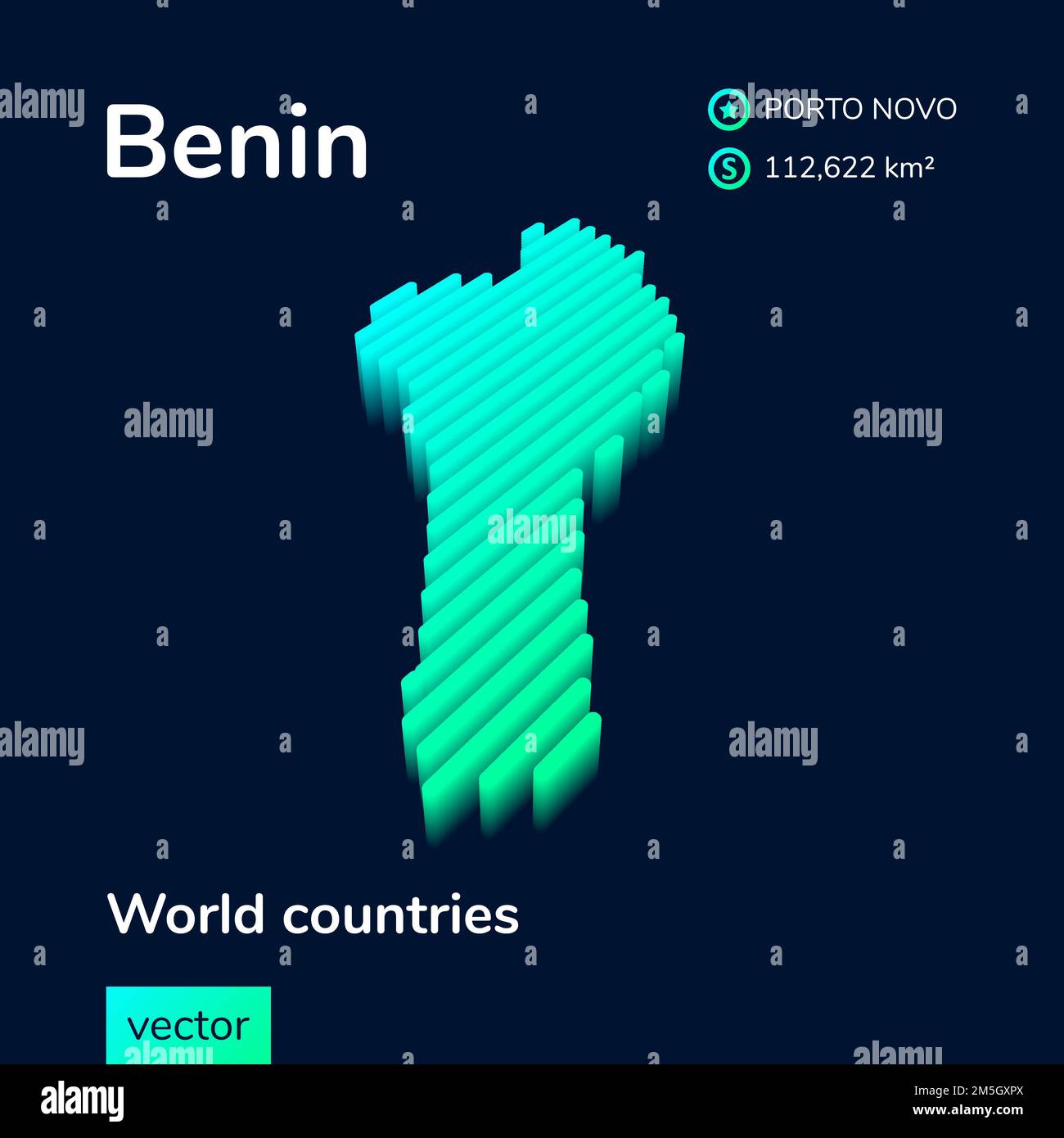 Bénin 3D carte. Vecteur numérique à rayures isométriques au néon stylisé la carte du Bénin est en vert et en couleur menthe sur fond bleu foncé Illustration de Vecteur
