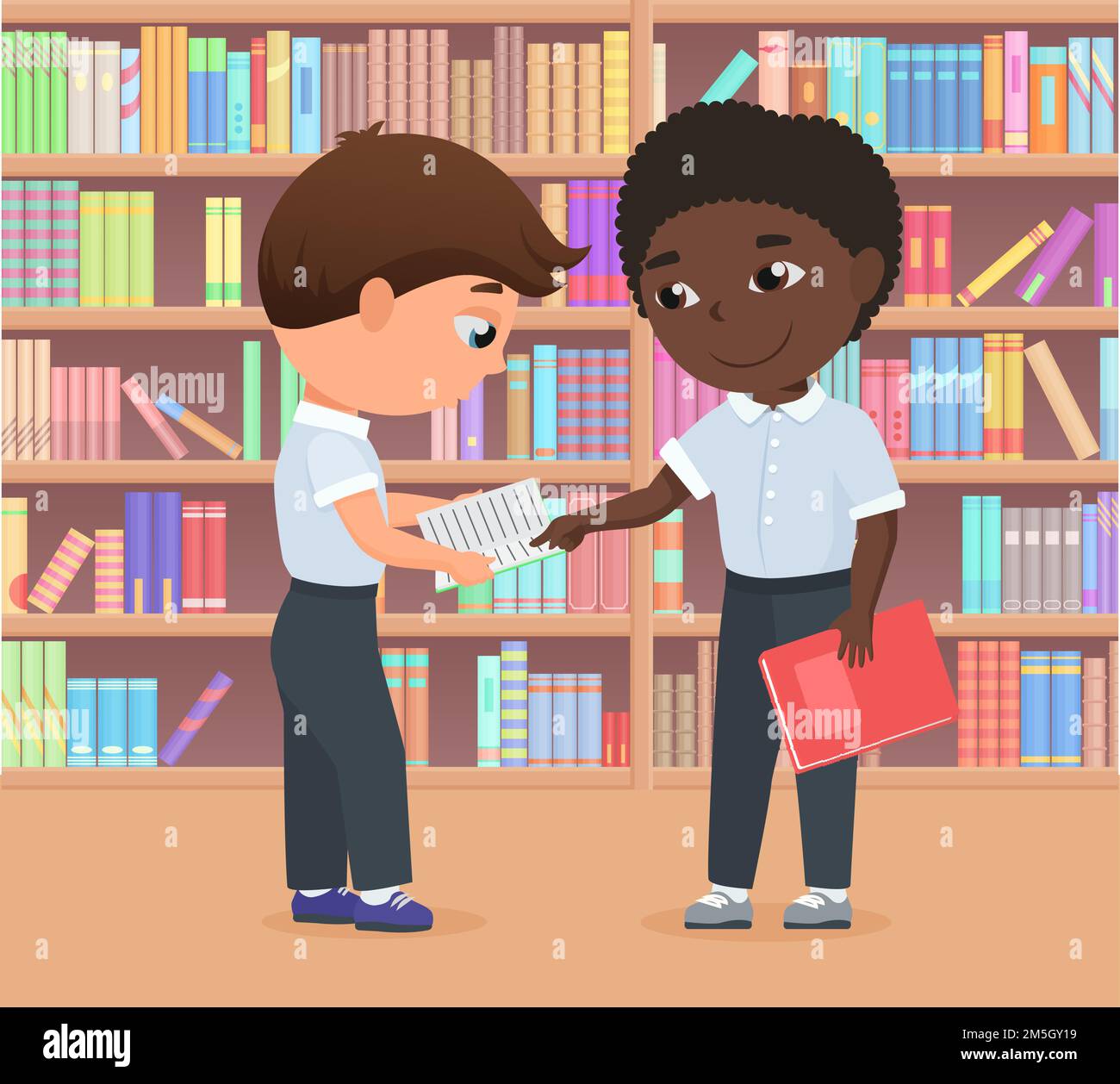 Les enfants se tenant ensemble dans la bibliothèque ou la librairie, les  enfants étudient l'illustration vectorielle.Personnage de dessin animé  tenant livre, étudiant garçon aidant ami à faire h Image Vectorielle Stock -