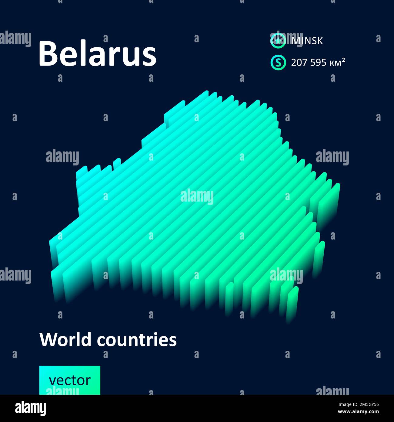 Carte de la Biélorussie 3D. Vecteur isométrique numérique au néon stylisé rayé la carte de la Biélorussie est en vert et en couleur menthe sur le fond bleu foncé Illustration de Vecteur