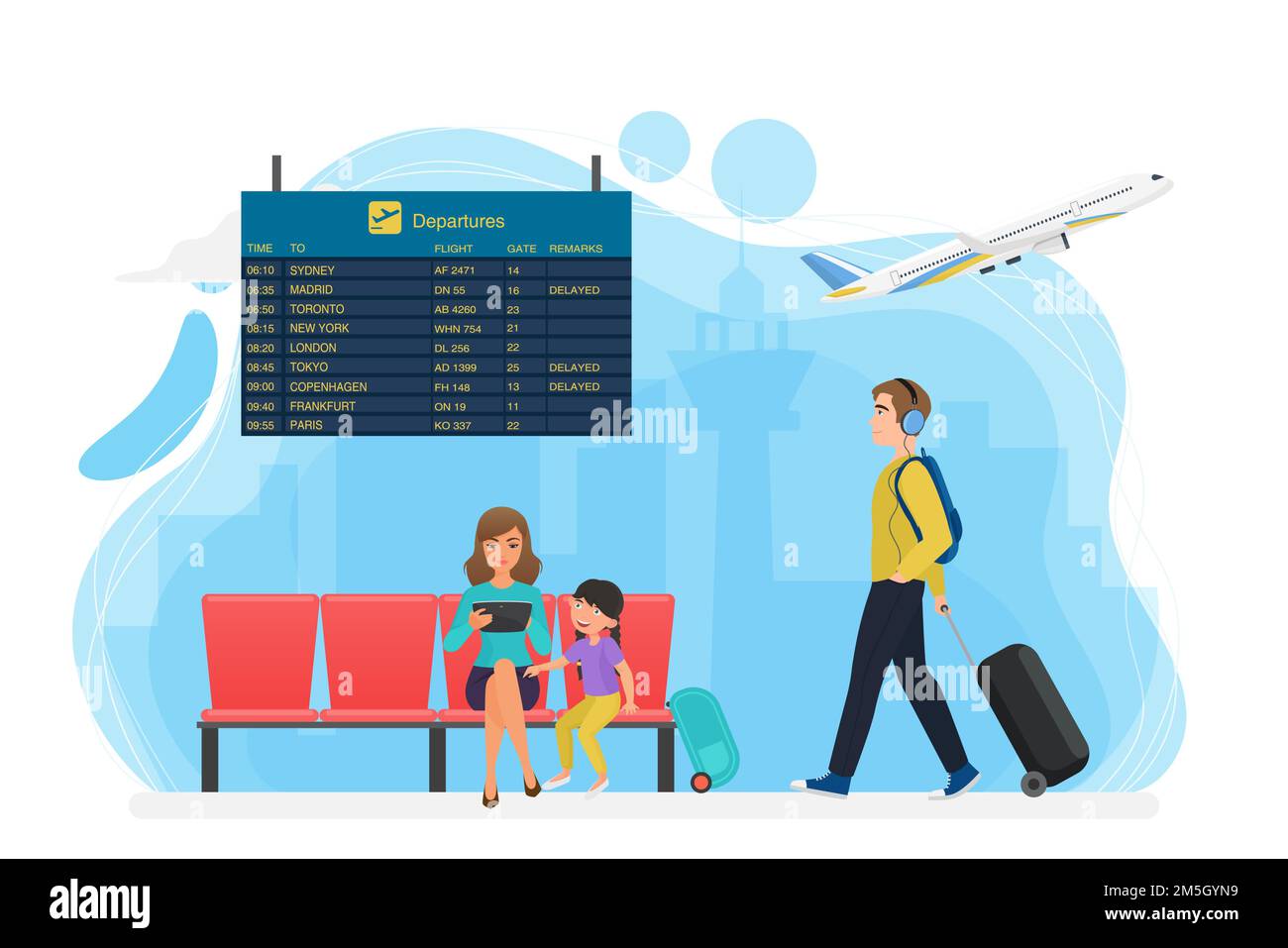 Zone d'attente de l'aéroport avec calendrier et illustration de vecteur de touristes.Personnage de passager de cartoon avec des bagages marchant, mère fille Illustration de Vecteur