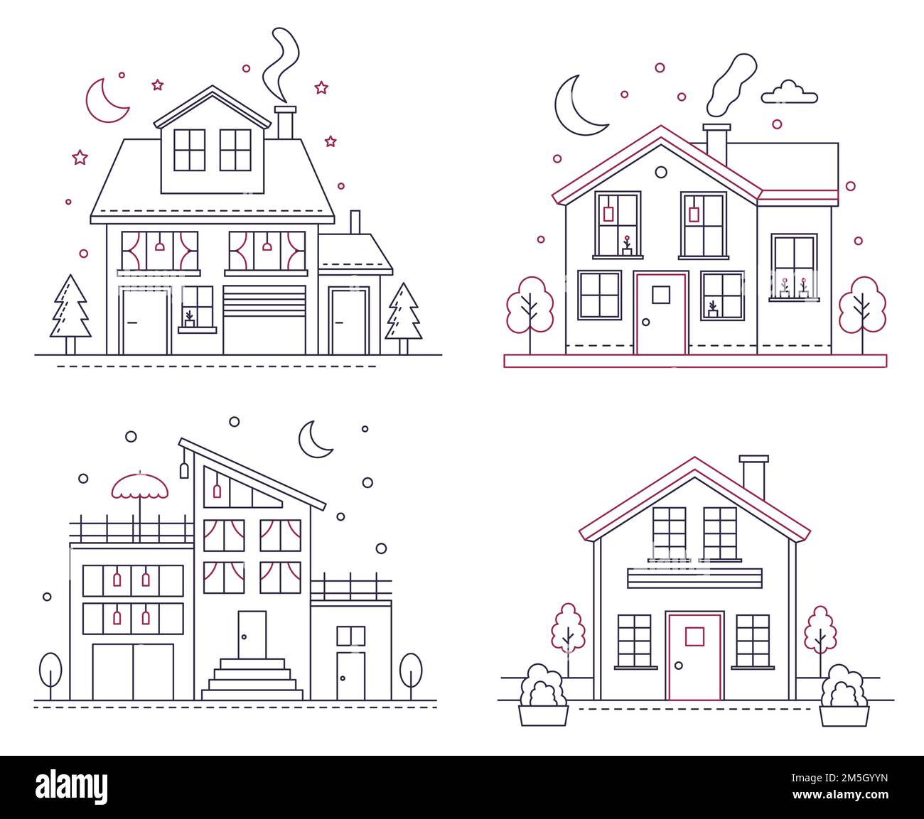 Vector Thin Line Icon Suburban American maisons.Architecture classique, construction civile illustrations pour infographie, web design et application interfac Illustration de Vecteur