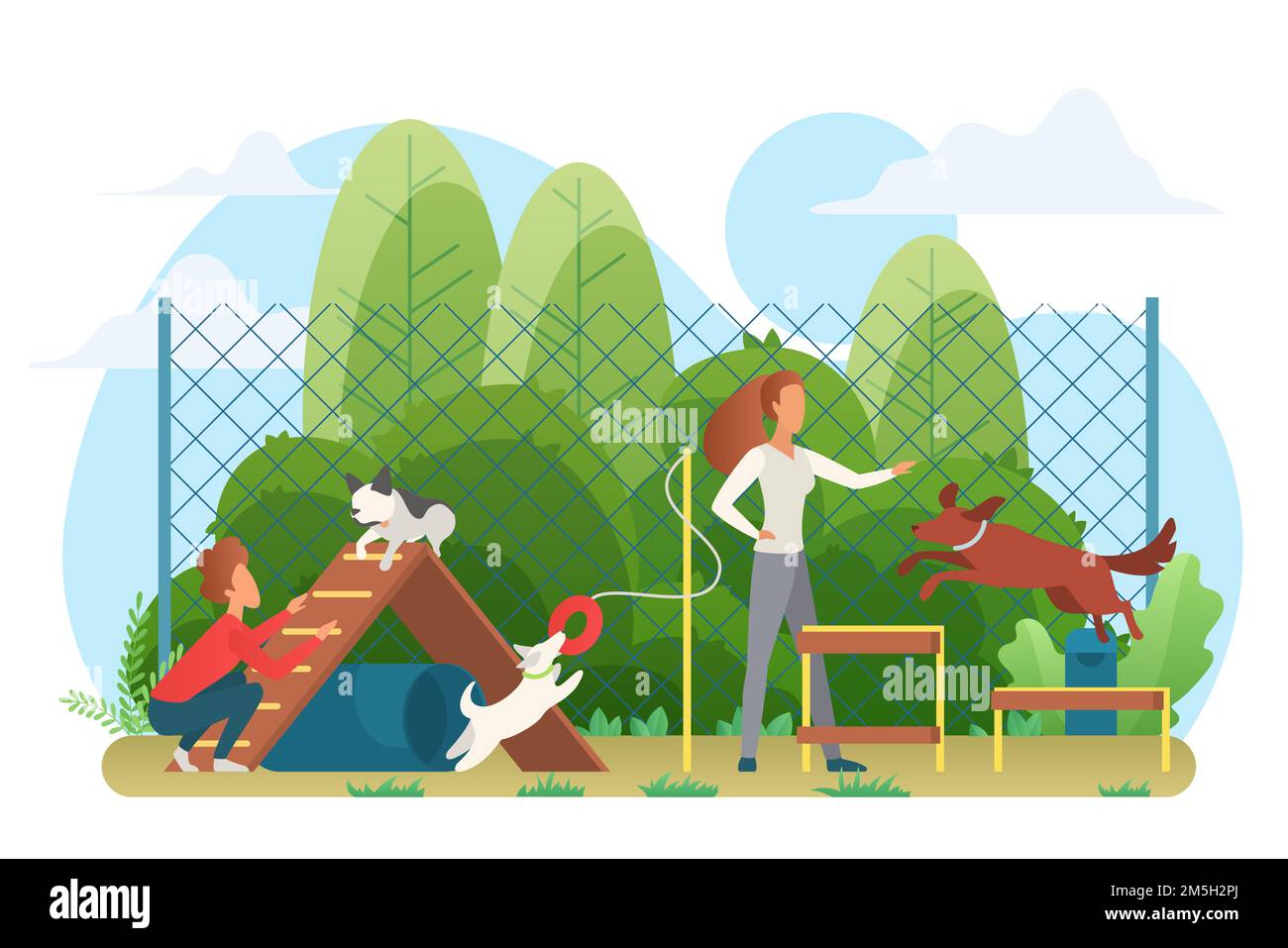 Volière de terrain de jeu pour chiens, entraînement des animaux domestiques et jeu avec les gens Illustration de Vecteur