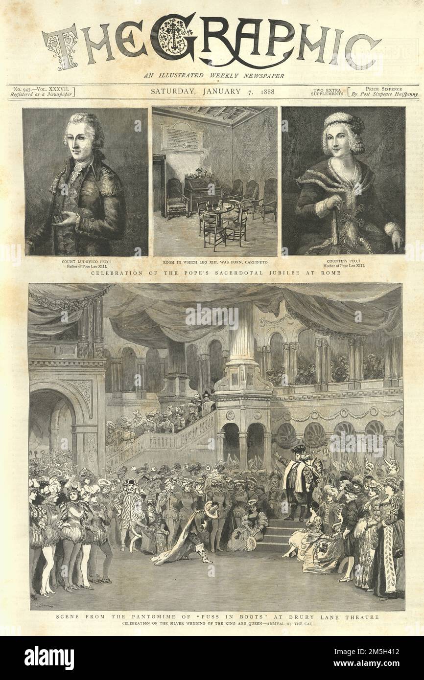 Page de couverture Journal illustré graphique, 1888, Pape Léon XII, Jubilé de Sacerdotal, Pantomine pouss en bateaux, Théâtre Drury Lane, victorien 19th siècle Banque D'Images