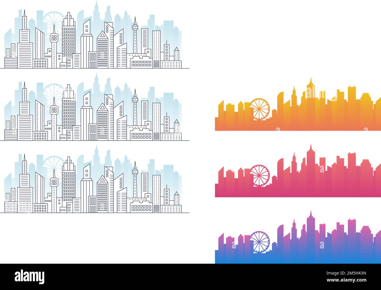Ligne moderne ville grand panorama avec bâtiment couleur sur fond. Illustration vectorielle d'un contour de paysage urbain gratte-ciel Illustration de Vecteur