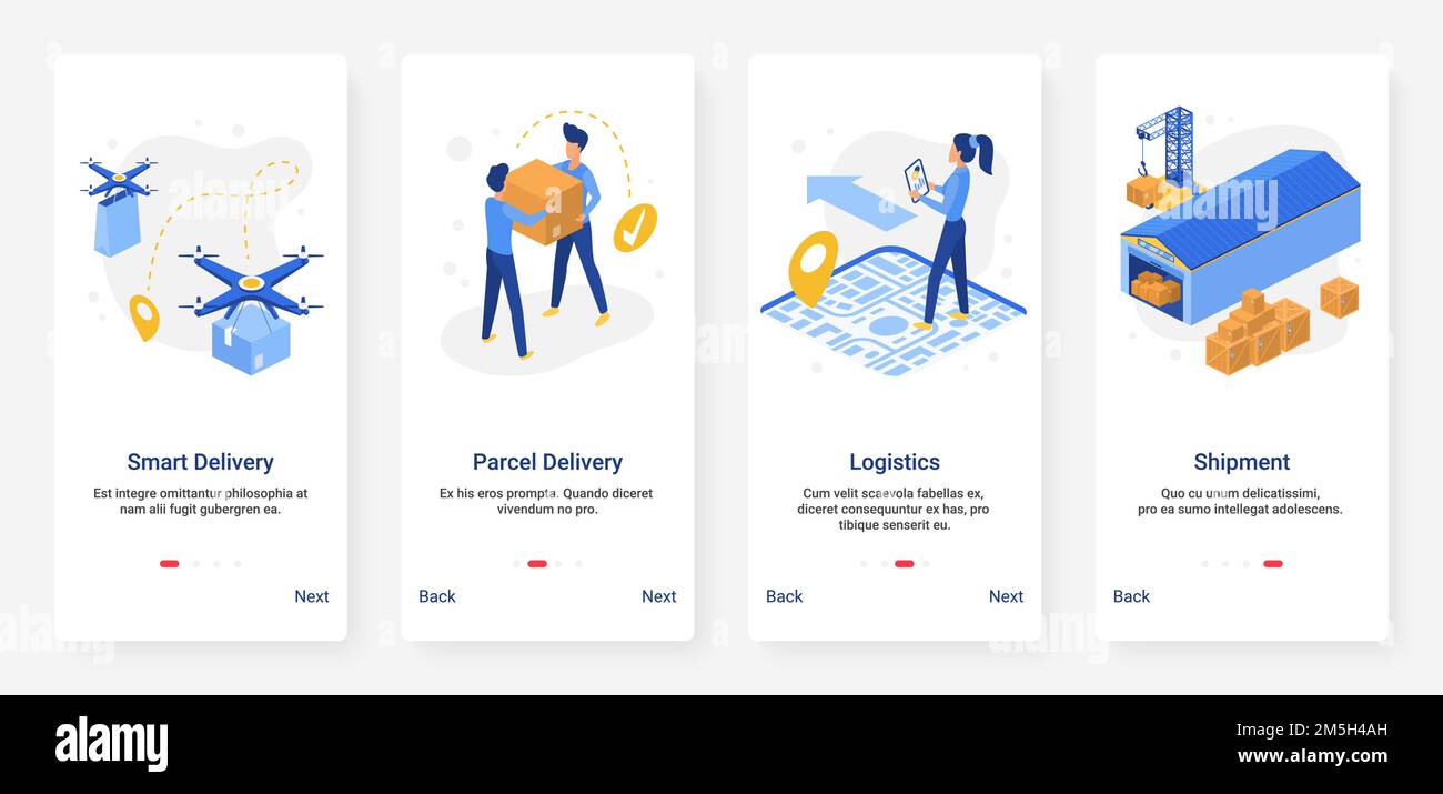 Ensemble d'applications mobiles isométriques pour la livraison, la logistique et l'expédition en entrepôt Illustration de Vecteur