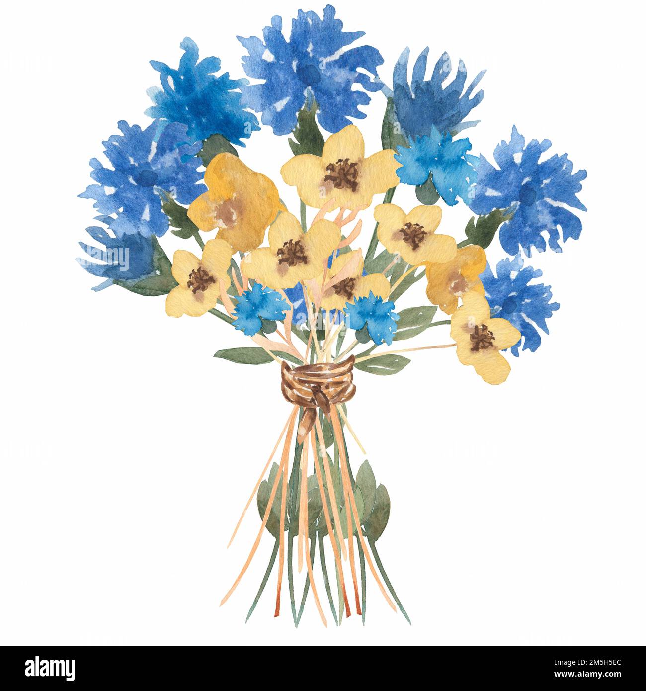Illustration d'un bouquet de fleurs jaunes et bleues aquarelles dessinées à la main. fleurs dans un vase, style rétro. Banque D'Images