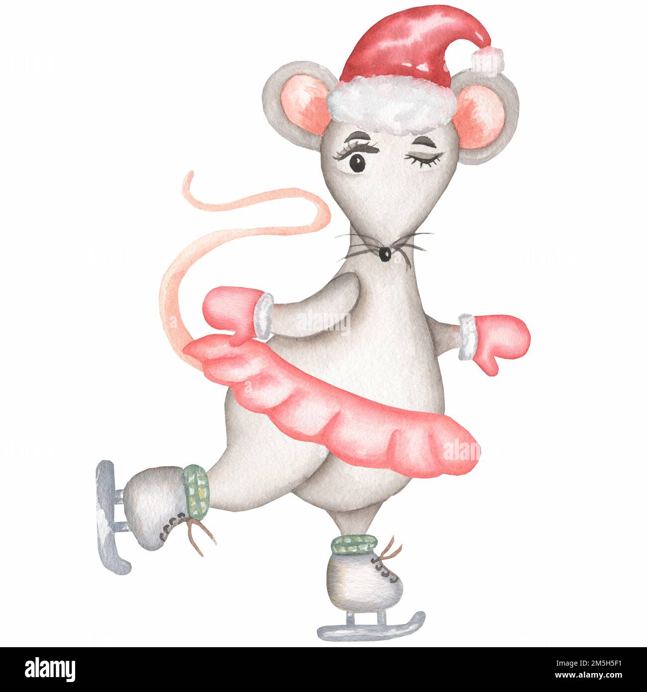 Petite souris grise dans un chapeau de noël rouge moufles, jupe rouge et patins. Joli dessin animé animal de Noël rat ou souris. Illustration aquarelle. Christma Banque D'Images