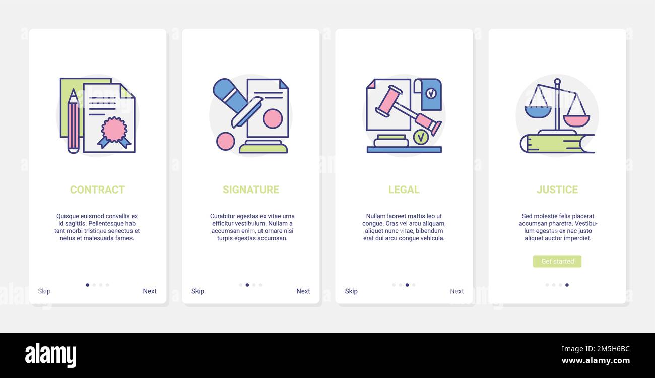 Support juridique de l'illustration du vecteur de contrat commercial.UX, UI Onboarding mobile application page écran judiciaire set avec justice de droit de ligne échelle et marteau, Illustration de Vecteur