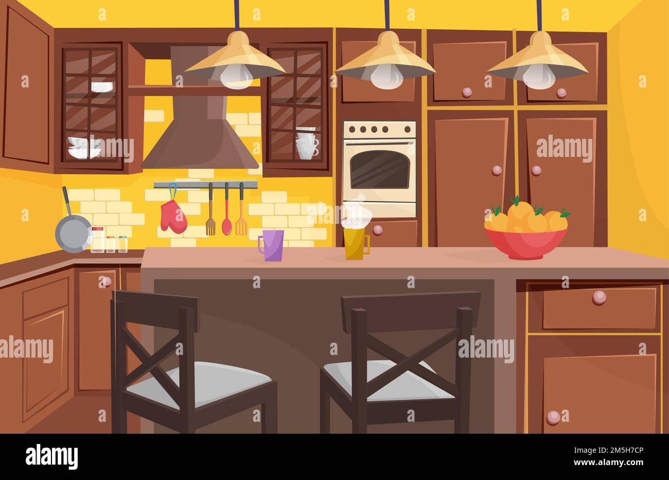 Cuisine classique traditionnelle en bois intérieur plat dessin animé style jeu illustration vectorielle.Espace lumineux ensoleillé, fenêtre avec de beaux rideaux, emplacement compact Illustration de Vecteur