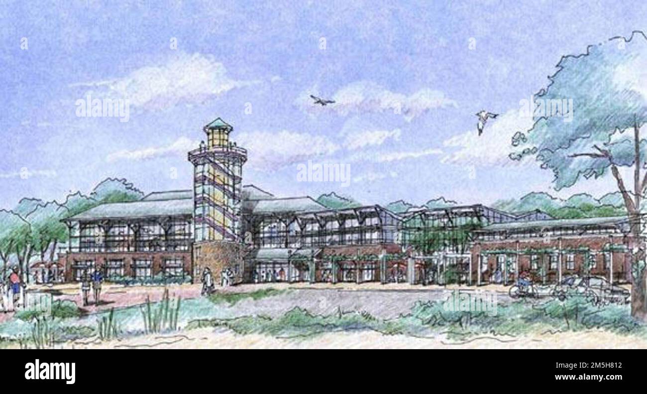Sentier de la voie maritime des Grands Lacs - Centre Tom Ridge -- rendu des artistes. Le 68 000 centre de $25 millions de pieds carrés, dont l'ouverture est prévue en 2006, offrira une introduction et prolongera la saison du parc. Le Centre sera un arrêt pour les visiteurs, point de départ pour une expérience éducative de première classe, et un centre de recherche de classe mondiale, centre régional pour les nombreuses autres attractions du nord-ouest de la Pennsylvanie. Pennsylvanie (42,131° N 80,086° O) Banque D'Images