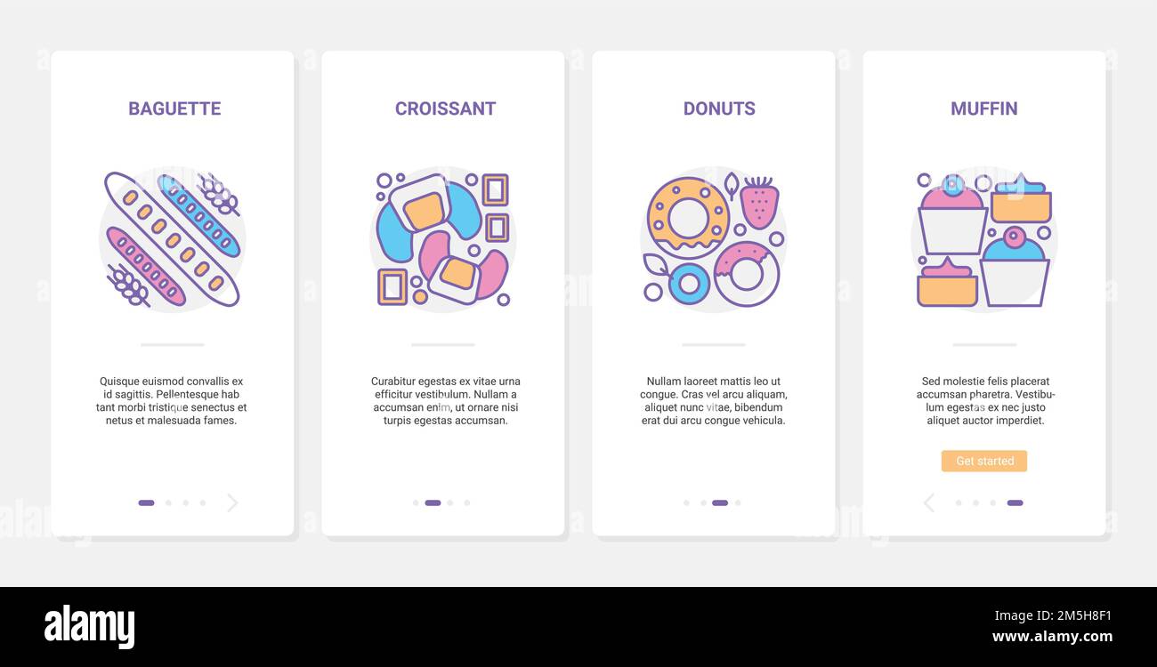Pâtisserie, boulangerie café produits alimentaires illustration vectorielle. UX, UI Onboarding mobile application page set avec menu de casse-croûte de petit-déjeuner de ligne, baguette, cr Illustration de Vecteur