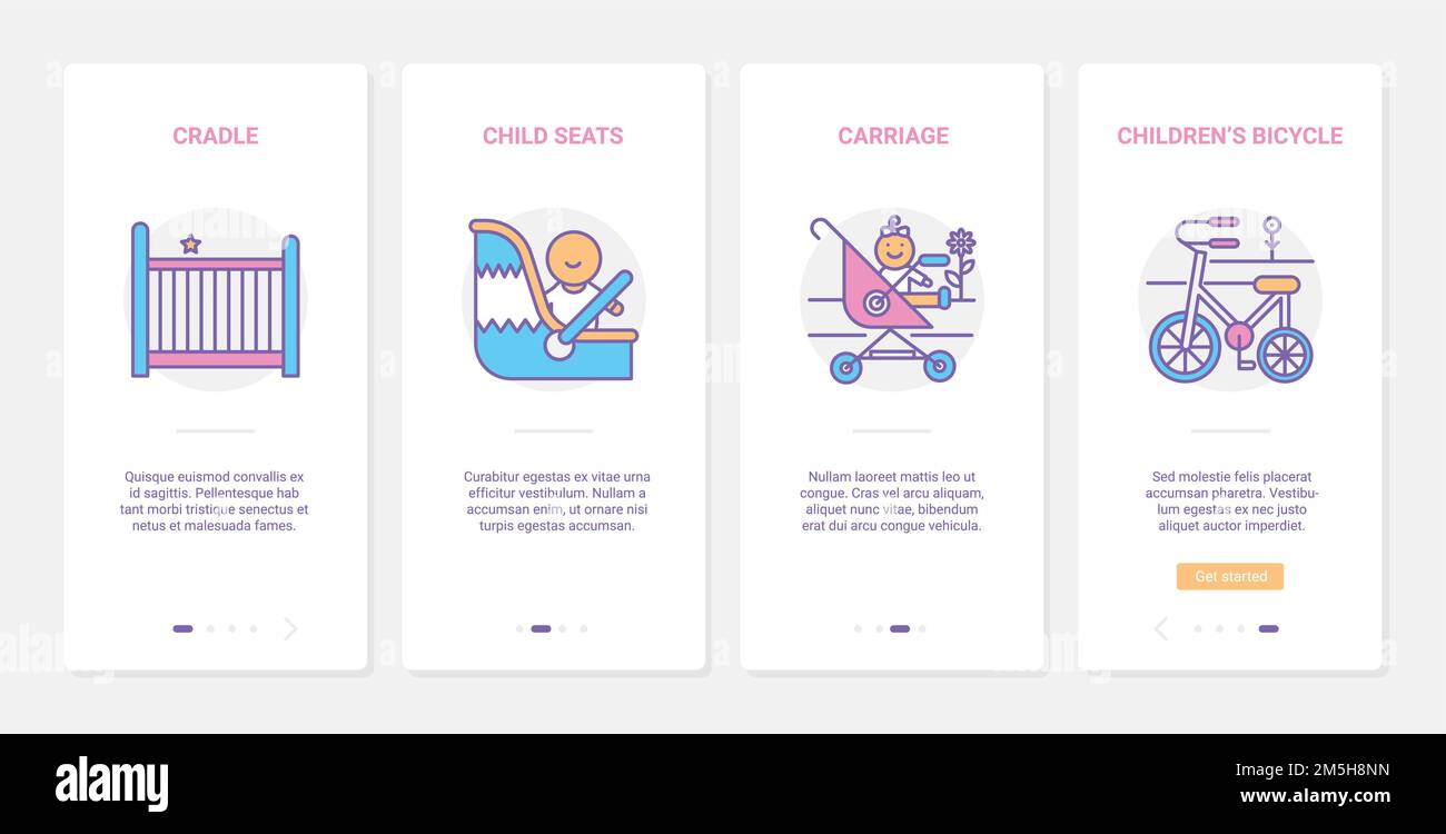 Illustration vectorielle de l'accessoire de transport pour bébé.UX, UI Onboarding mobile application page set avec articles de pépinière, poussette bébé, siège de voiture enfant, bic Illustration de Vecteur