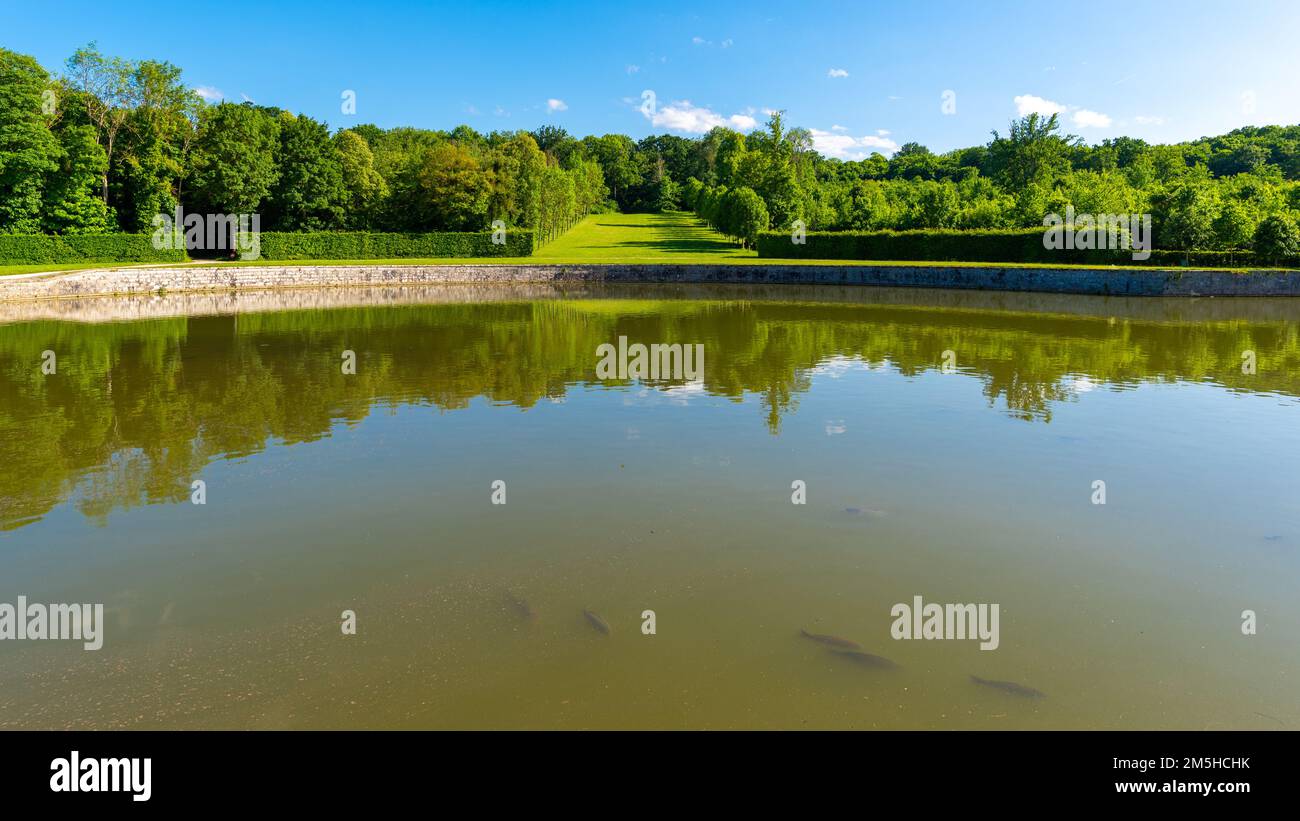 Maincy, France - 21 mai 2022: Un étang rond de forme humaine avec poisson dans un jardin classique français (Vaux-le-Vicomte). Photo prise sous un soleil de début d'été Banque D'Images