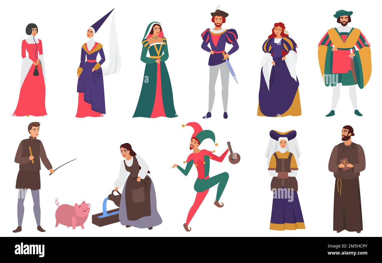 Les âges médiévaux histoire les gens chartacters dans des costumes ensemble Illustration de Vecteur