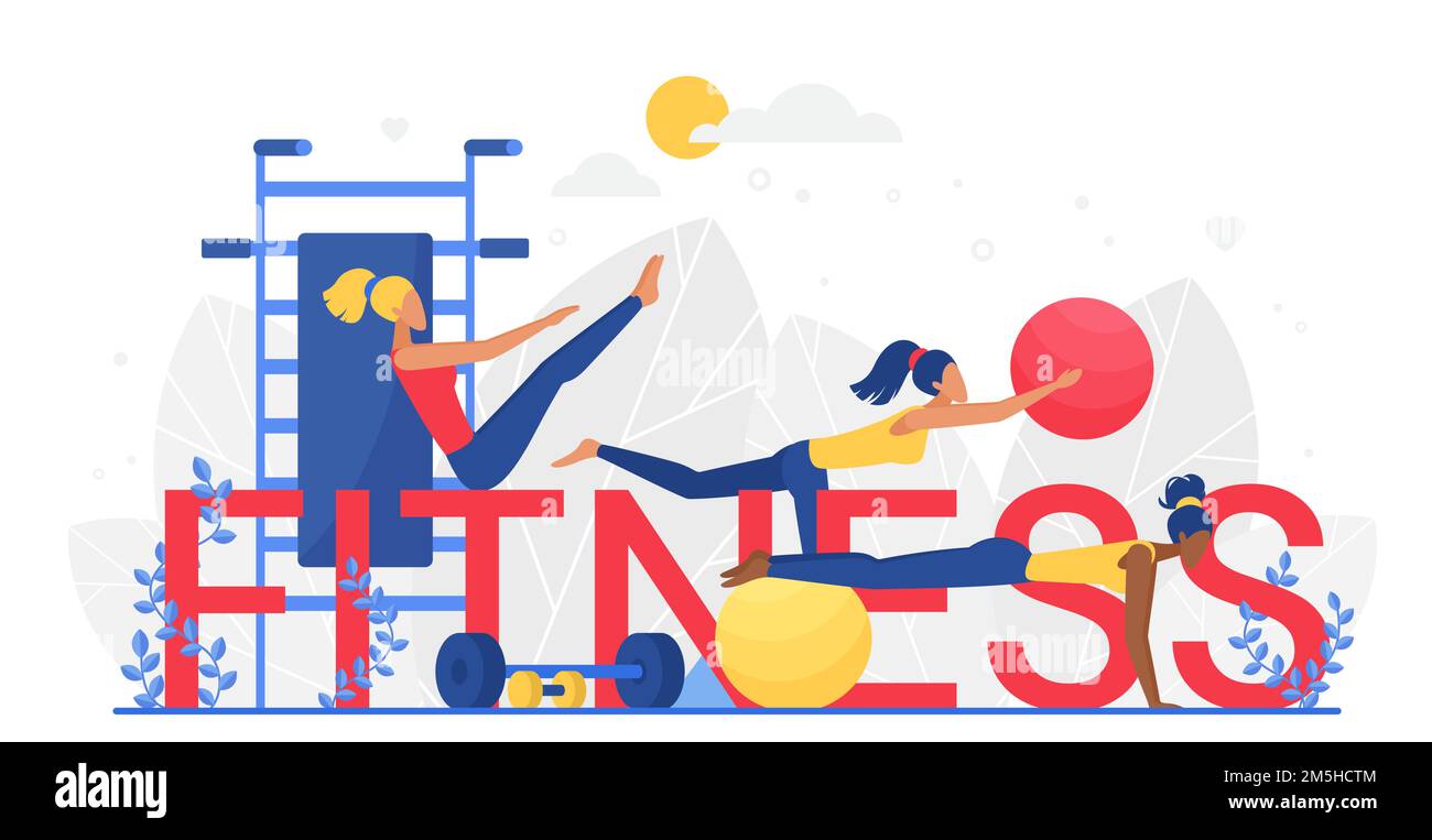 Fitness grandes lettres mot concept, femme faisant des exercices de sport avec le ballon et l'équipement de haltères Illustration de Vecteur