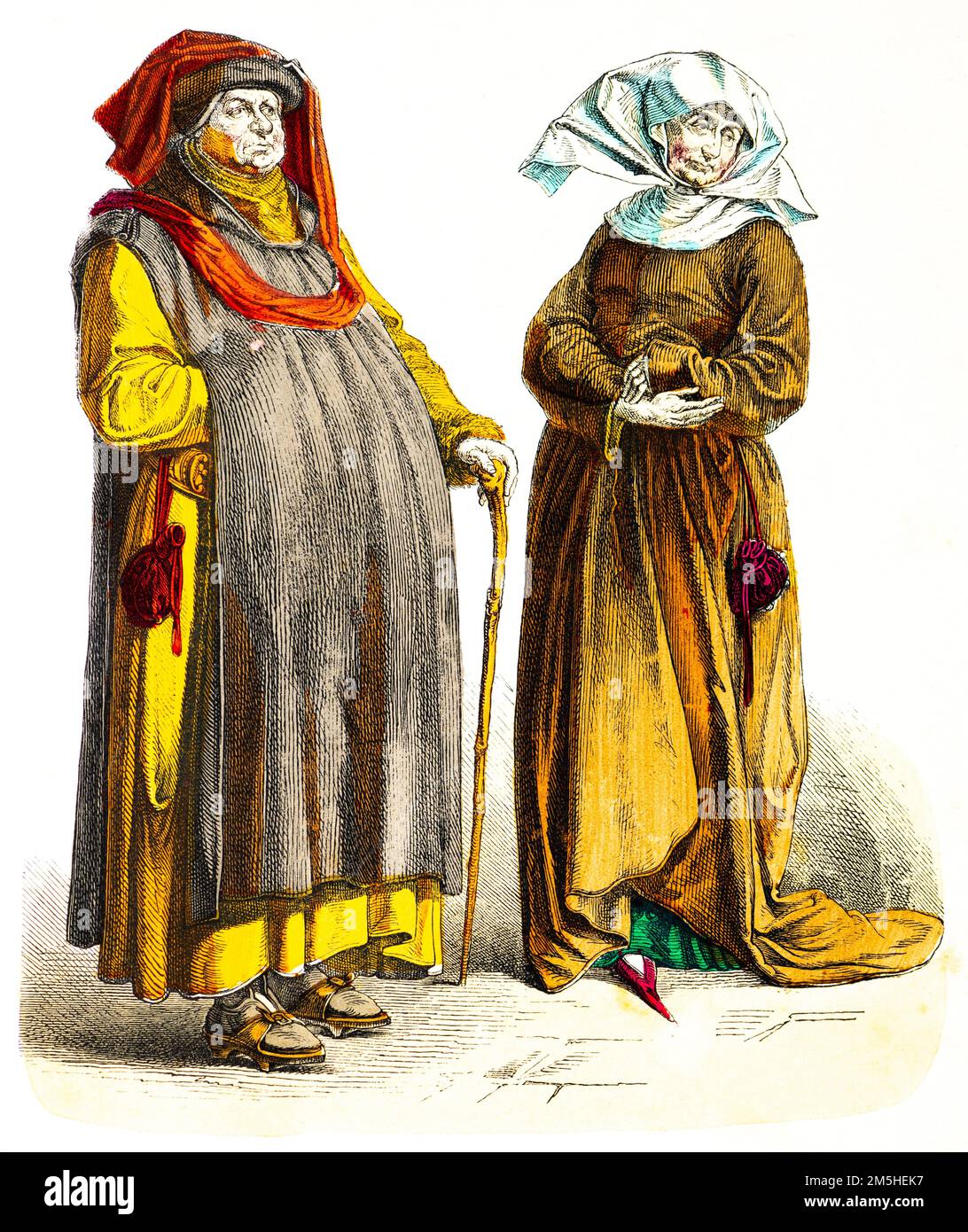 Costumes allemands du late15th siècle, illustration historique colorée 1890, Münchener Bilderbogen, Banque D'Images