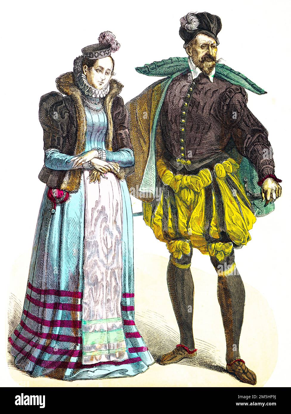 Noble et noble femme française, costumes élégants, fin du 16th siècle, illustration de l'histoire colorée, France, Europe, Münchener Bilderbogen 1890 Banque D'Images