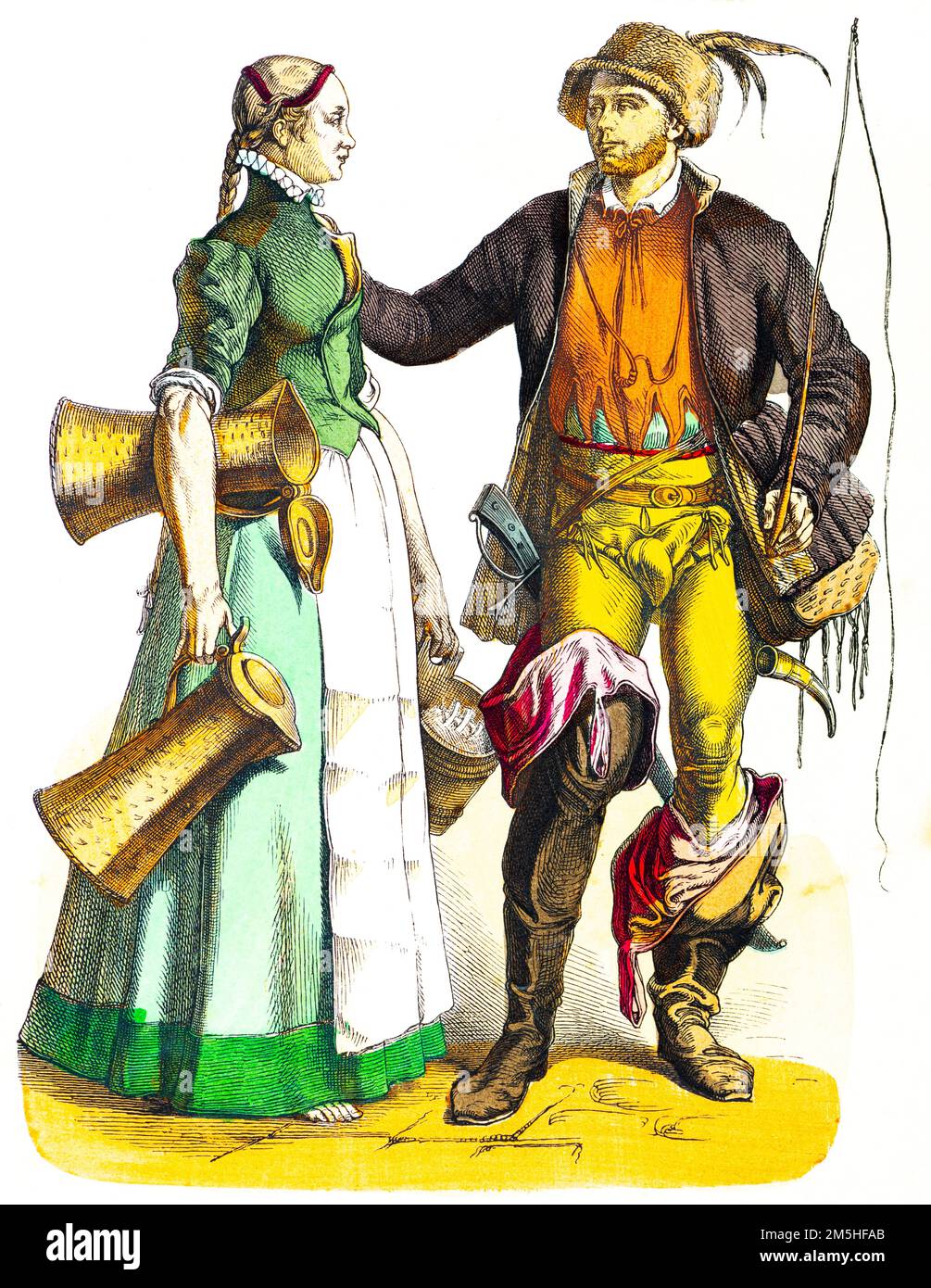 Maidservant et main de calèche de Nuremberg, Allemagne, costumes, fin du 16th siècle, illustration de l'histoire colorée, Münchener Bilderbogen 1890 Banque D'Images