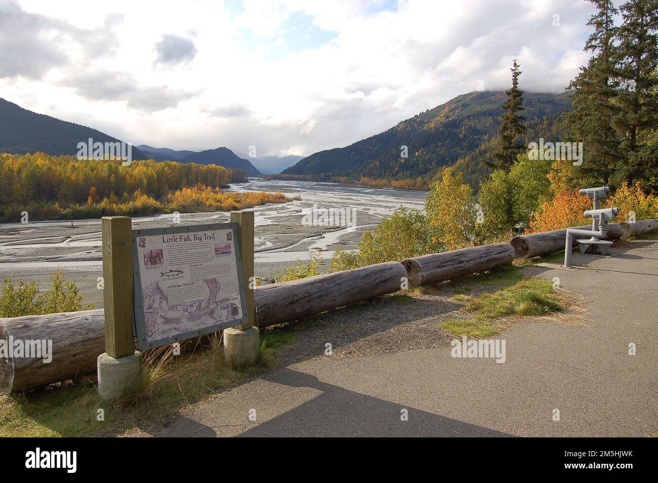 Haines Highway - Valley of the Eagles - zone panoramique de la rivière Klehini. Un panneau d'interprétation à la zone panoramique de la rivière Klehini décrit l'histoire de l'étendue de la vallée de la rivière Chilkat. La région fournit également des étendues pour rechercher la faune le long des rives de la rivière et des aigles dans les arbres. Haines Burough, Alaska Banque D'Images