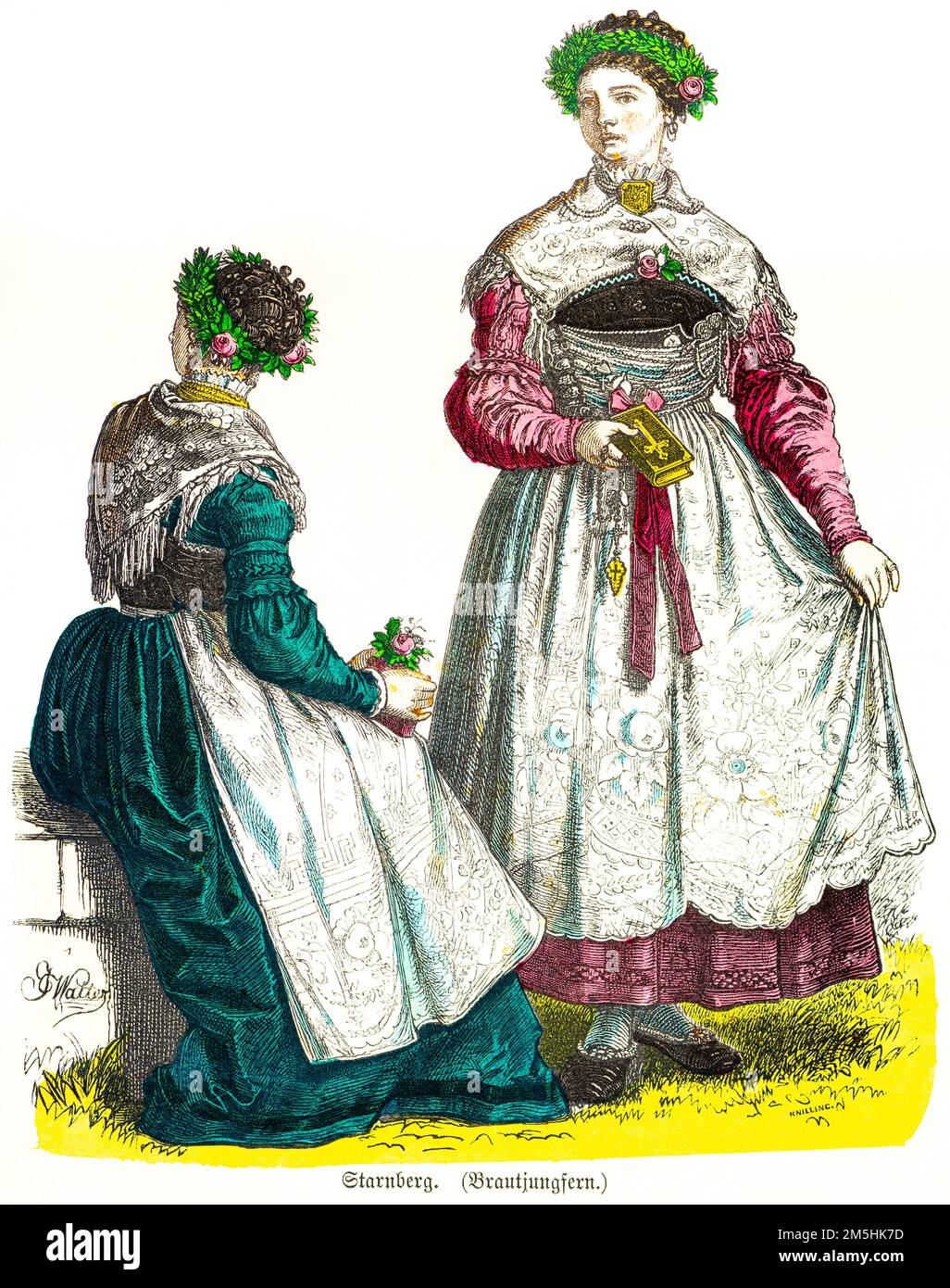 Costumes traditionnels, demoiselle d'honneur de Starnberg, Bavière, Allemagne du Sud, 19th siècle, Illustration historique en col, Münchener Bilderbogen 1890 Banque D'Images
