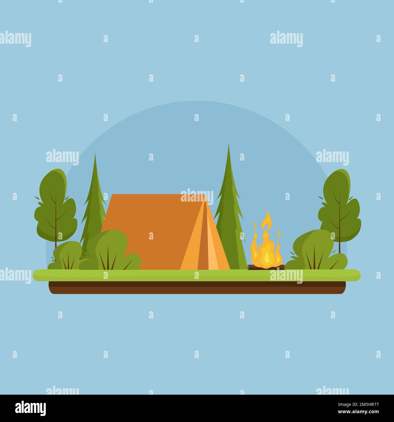 Camping. Paysage de jour avec une tente orange près de feu de camp. Bannière pour camp d'été, tourisme nature, camping, randonnée, trekking, etc Illustration vectorielle. Illustration de Vecteur