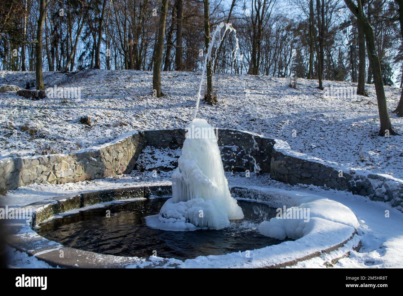 Fontaine glacée dans le parc par une journée ensoleillée en hiver. Fontaine avec eau gelée. Un jet d'eau d'une fontaine qui a glacé dans le froid. Arrière-plan couvert de glace et de neige dans le parc le jour Banque D'Images