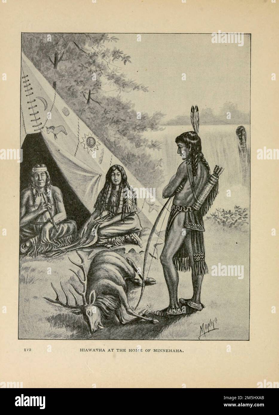 Hiawatha à la maison de Minnehaha avec un cadeau d'un cher chassé illustré par Ella Booher, du livre Hiawatha l'Indien de la chanson de Longfellow de Hiawatha par Henry Wadsworth Longfellow, 1807-1882; Banque D'Images