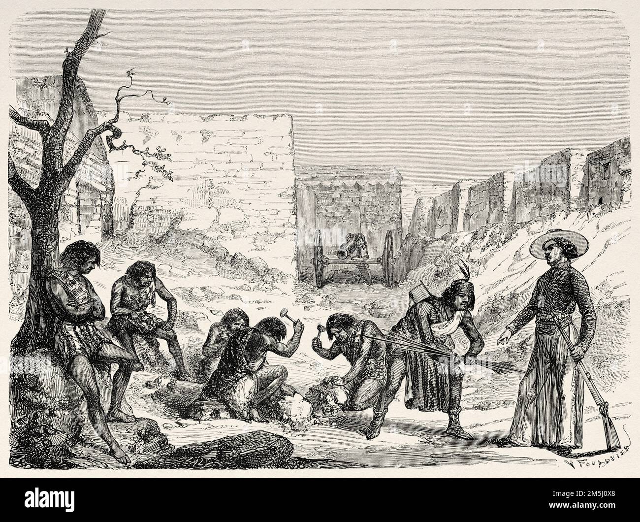 Apache esclaves personnes travaillant au corral de la fonderie d'argent Corralitos, Mexique. Voyage dans l'état de Chihuahua par Philippe Ronde 1849-1852 Banque D'Images