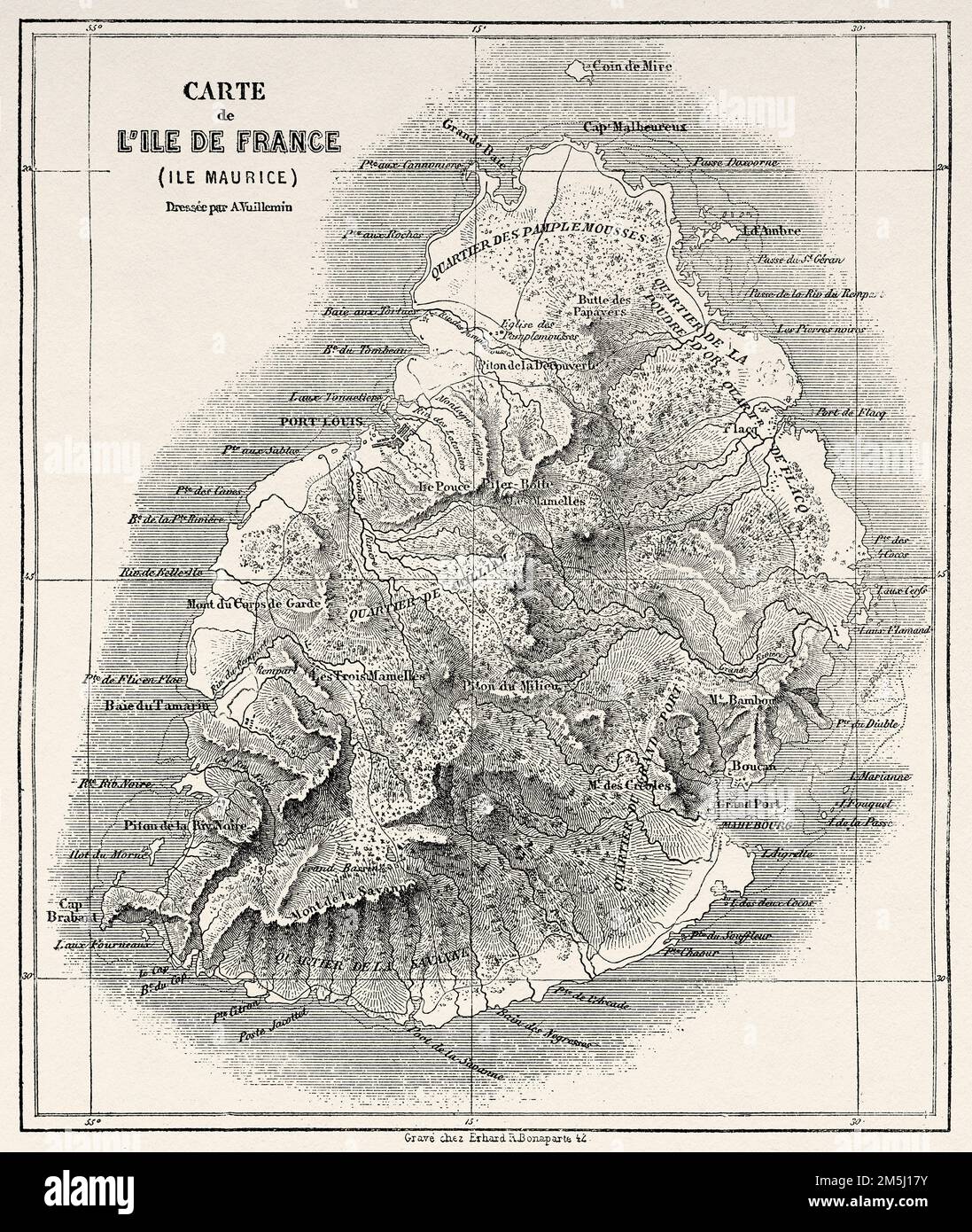Carte de l'île de France, Maurice. Les voyages d'Ida Pfeiffer 1857 Banque D'Images