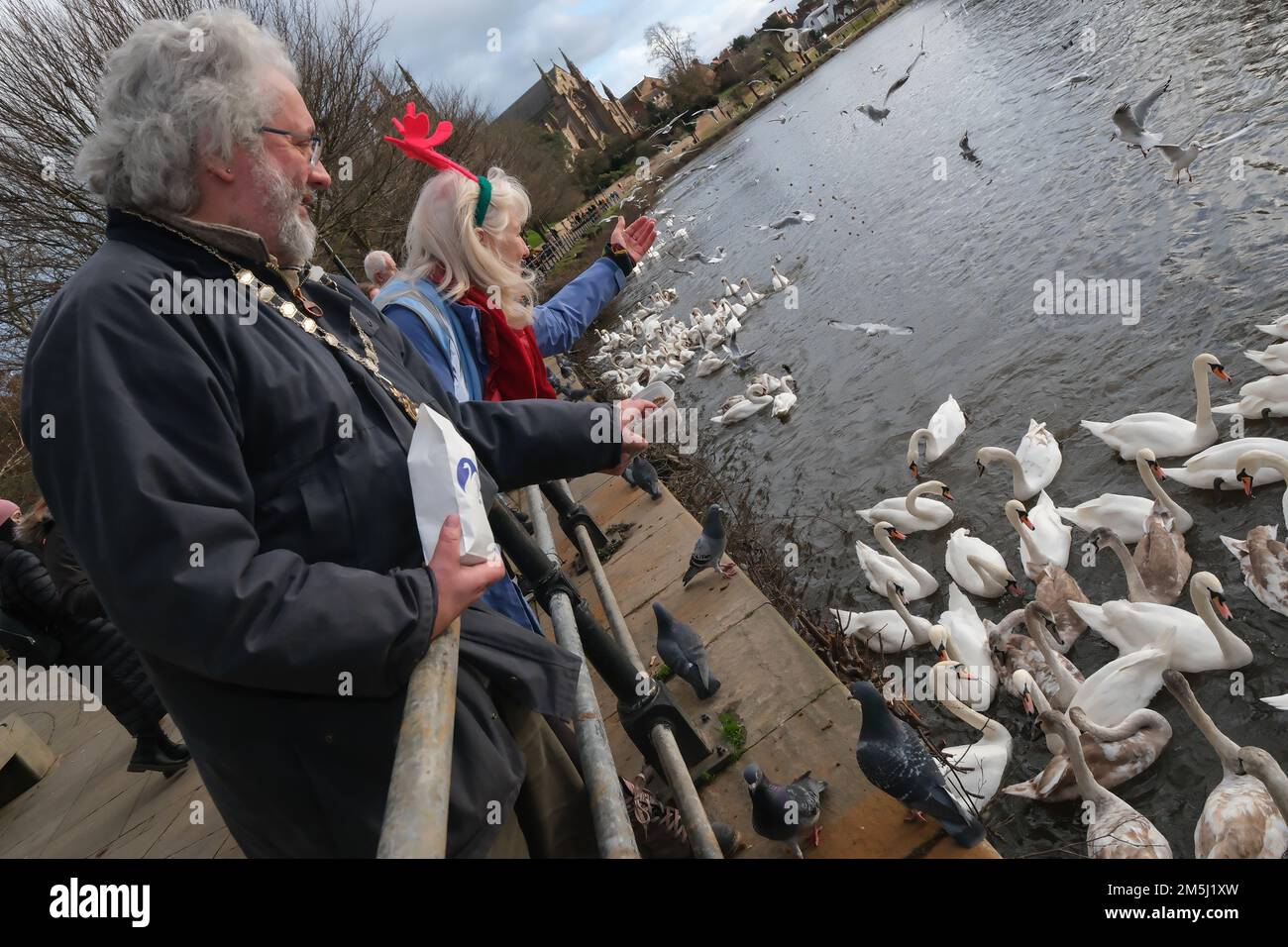 29th décembre 2022. Le projet de nourriture de cygne a tenu son Big Christmas Swan Feed aujourd'hui, jeudi, 29 décembre 2022.le maire de Worcester, le conseiller Adrian Gregson, a participé à l'alimentation de cygne, qui a eu lieu aujourd'hui à 2pm heures à South Quay sur la rivière Severn Worcester crédit: Ian Tennant/Alay Live News Banque D'Images