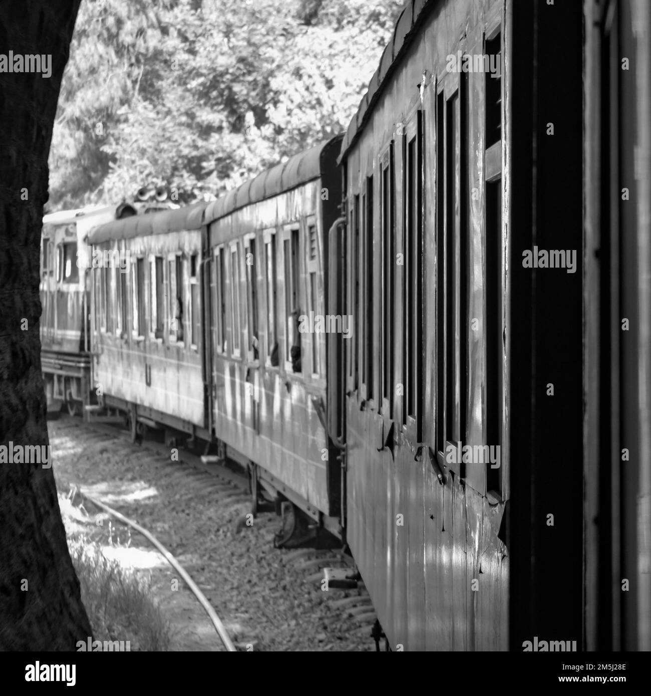 Toy train se déplaçant sur la pente de montagne, belle vue, un côté montagne, un côté vallée se déplaçant sur le chemin de fer à la colline, parmi la forêt naturelle verte.Toy t Banque D'Images