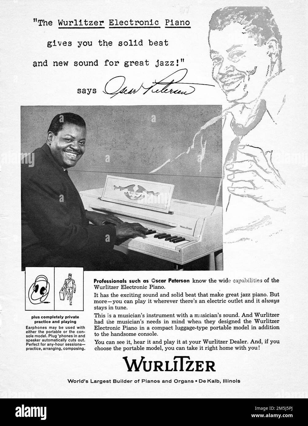 Oscar Peterson, le célèbre pianiste de jazz virtuose, soutient Wurlitzer Electronic Pianos dans une publicité dans un magazine musical du milieu de 1950s. Banque D'Images