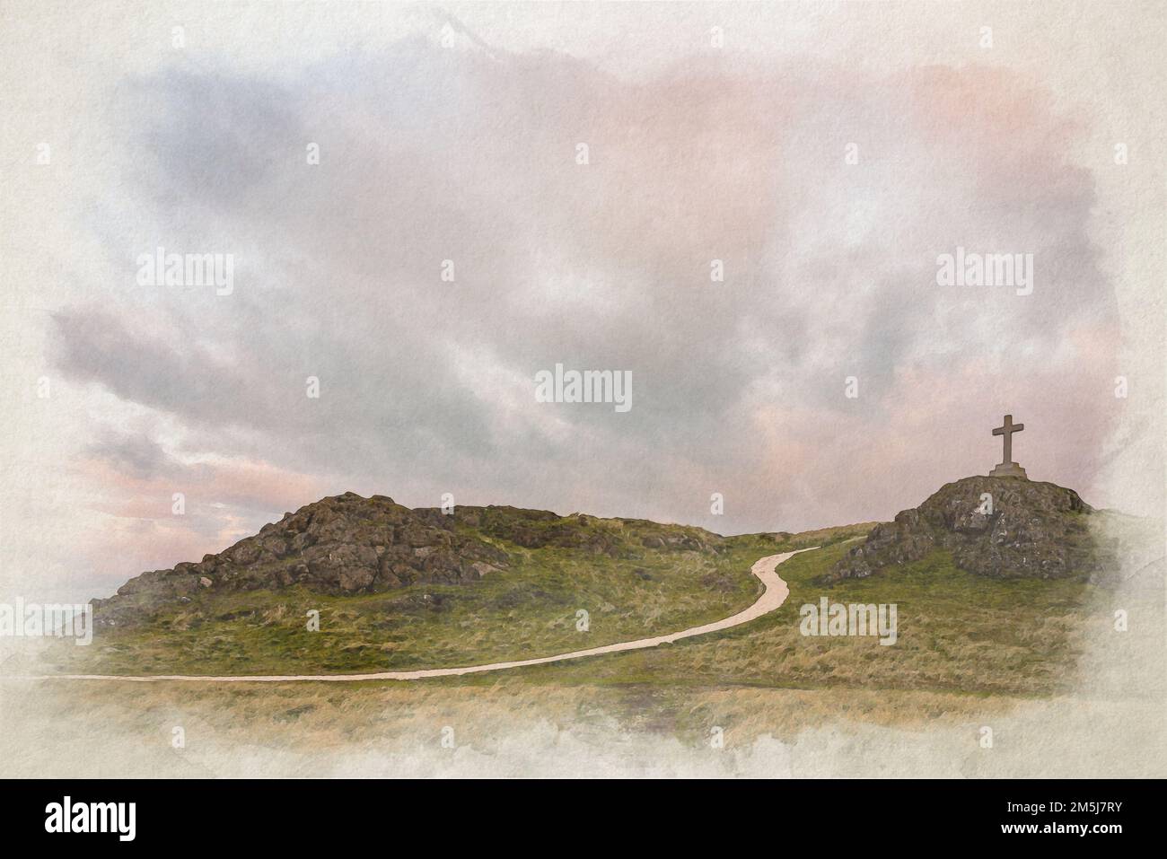 Un tableau d'aquarelle numérique de l'île de Llanddwyn traverse par Twr Mawr à Ynys Llanddwyn, Anglesey, pays de Galles, Royaume-Uni. Banque D'Images